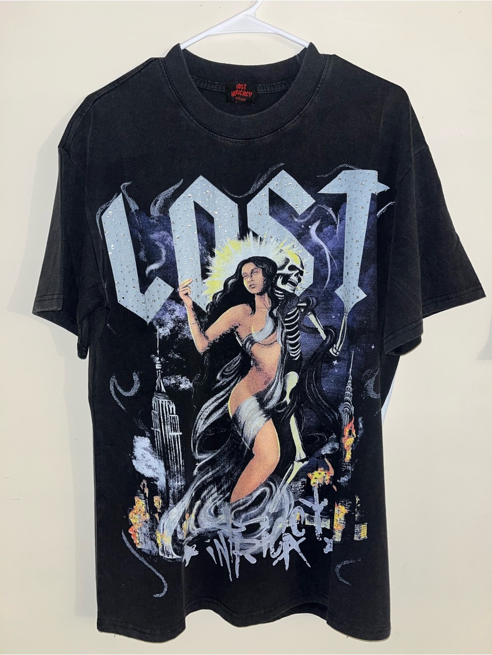 Lost Black Graphic Short-Sleeve Tee with Goddess and Skeleton Artwork
